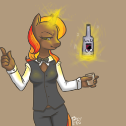 Size: 500x500 | Tagged: safe, artist:pandarainbow, imported from derpibooru, oc, oc only, oc:amaretto, anthro, unicorn, alcohol, anthro oc, bartender, brown background, commission, commissioner:miserybahamut, female, glass, glowing, glowing horn, horn, magic, shot glass, simple background, solo, telekinesis, unicorn oc