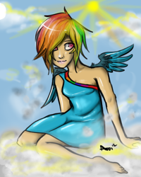 Size: 400x500 | Tagged: safe, artist:pandarainbow, imported from derpibooru, rainbow dash, human, clothes, cloud, crepuscular rays, dress, female, humanized, solo, winged humanization, wings