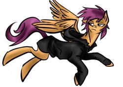 Size: 1280x905 | Tagged: artist needed, source needed, safe, imported from derpibooru, scootaloo, pony, fanfic:pegasus device, fanfic:rainbow factory, absentia, black hoodie, black suit, evil scootaloo, factory scootaloo, fanfic art, flying, frown, lidded eyes, looking back, messy mane, older, older scootaloo, one ear down, simple background, white background, wings