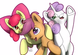 Size: 4096x2892 | Tagged: safe, artist:db, imported from derpibooru, apple bloom, scootaloo, sweetie belle, earth pony, pegasus, pony, unicorn, :3, biting, cmc day, cutie mark crusaders, ear bite, female, filly, one eye closed, open mouth, open smile, simple background, smiling, trio, underhoof, white background