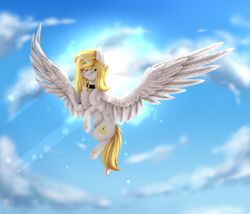 Size: 3500x3000 | Tagged: safe, artist:lunciakkk, imported from derpibooru, oc, oc only, oc:illumina, alicorn, pony, alicorn oc, chest fluff, collar, female, flying, high res, horn, smiling, spread wings, wings