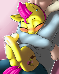 Size: 2400x3000 | Tagged: safe, artist:captainpudgemuffin, edit, imported from derpibooru, oc, oc only, oc:banana paradise, human, pony, fanfic:cultural differences, author:crimson prose, blushing, butt, cute, dock, ear piercing, earring, explicit description, explicit source, eyes closed, female, high res, hug, human on pony snuggling, jewelry, mare, piercing, plot, snuggling, tail