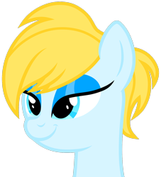 Size: 1200x1320 | Tagged: safe, artist:roseluck, imported from derpibooru, oc, oc only, oc:cloudy sunrise, pegasus, pony, fallout equestria, blue coat, blue eyes, blue eyeshadow, bust, enclave, eyeshadow, female, grand pegasus enclave, inkscape, lidded eyes, makeup, mare, pegasus oc, short hair, short mane, show accurate, simple background, smiling, solo, transparent background, vector, yellow hair, yellow mane