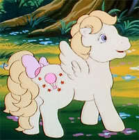 Size: 200x201 | Tagged: safe, imported from derpibooru, screencap, baby lofty, pegasus, pony, little piece of magic, my little pony 'n friends, baby, baby lofty's dream, baby loftybetes, baby pony, bow, cropped, cute, female, filly, g1, land, open mouth, open smile, ponyland, smiling, solo, tail, tail bow