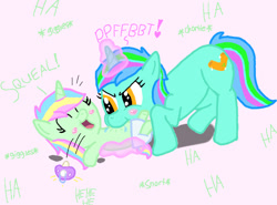 Size: 577x427 | Tagged: artist needed, safe, imported from derpibooru, oc, oc only, oc:coral glitter, pony, unicorn, baby, baby pony, blushing, cute, diaper, female, filly, foal, laughing, magic, magic aura, onomatopoeia, open mouth, pacifier, pink background, pinned down, raspberry, shadow, sibling love, siblings, simple background, sisterly love, sisters, tickling, toddler, tongue out, trace, tummy buzz