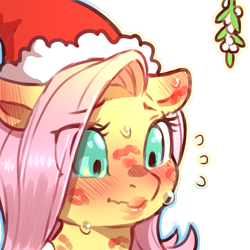 Size: 1159x1159 | Tagged: safe, artist:cold-blooded-twilight, imported from derpibooru, fluttershy, pegasus, pony, blushing, blushing profusely, bust, christmas, clothes, costume, eye clipping through hair, eyebrows, eyebrows visible through hair, female, flustered, hat, holiday, kiss mark, lipstick, mare, mistletoe, santa costume, santa hat, simple background, solo, sweat, transparent background