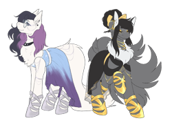 Size: 2355x1705 | Tagged: safe, artist:snows-undercover, imported from derpibooru, oc, oc only, oc:foxy, oc:ziena, earth pony, pony, beautiful, belt, bow, chest fluff, choker, clothes, dress, duo, ear piercing, earring, eyes closed, eyeshadow, fancy, female, gala dress, glasses, hair bow, hoof shoes, jewelry, makeup, mare, necklace, piercing, raised hoof, raised leg, sandals, simple background, transparent background