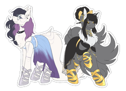 Size: 2355x1705 | Tagged: safe, alternate version, artist:snows-undercover, imported from derpibooru, oc, oc only, oc:foxy, oc:ziena, earth pony, pony, beautiful, belt, bow, chest fluff, choker, clothes, dress, duo, ear piercing, earring, eyes closed, eyeshadow, fancy, female, gala dress, glasses, hair bow, hoof shoes, jewelry, makeup, mare, necklace, piercing, raised hoof, raised leg, sandals, simple background, transparent background
