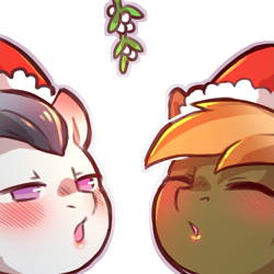 Size: 1159x1159 | Tagged: safe, artist:cold-blooded-twilight, imported from derpibooru, button mash, rumble, earth pony, pegasus, pony, biting, blushing, blushing profusely, christmas, colt, duo, duo male, ear bite, eyes closed, hat, holiday, implied gay, kissy face, lipstick, male, mistletoe, santa hat, simple background, transparent background