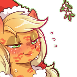 Size: 1159x1159 | Tagged: safe, artist:cold-blooded-twilight, imported from derpibooru, applejack, earth pony, pony, bedroom eyes, blushing, blushing profusely, christmas, clothes, costume, ear blush, eyeshadow, female, freckles, hat, holiday, kiss mark, lipstick, makeup, mare, mistletoe, santa costume, santa hat, simple background, smiling, sweat, transparent background