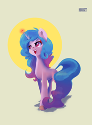 Size: 1914x2584 | Tagged: safe, artist:i love hurt, imported from derpibooru, izzy moonbow, pony, unicorn, concave belly, female, full body, g5, looking up, my little pony: a new generation, nimbus, open mouth, open smile, simple background, slim, smiling, solo, thin