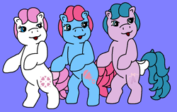 Size: 993x626 | Tagged: safe, artist:superman64, imported from derpibooru, baby cuddles, baby half note, baby sundance, earth pony, pony, bright lights, my little pony 'n friends, 1000 hours in ms paint, baby hawwlf note, baby sundawwnce, bipedal, bow, cuddlebetes, cute, dancing, do the moonwalk ponies, female, filly, g1, lavender background, ms paint, simple background, singing, tail, tail bow, trio