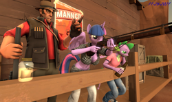 Size: 1168x697 | Tagged: safe, artist:robertwtf, imported from derpibooru, spike, twilight sparkle, alicorn, anthro, dragon, human, 3d, big breasts, bored, breasts, gun, rifle, sniper, sniper rifle, source filmmaker, team fortress 2, twilight sparkle (alicorn), weapon