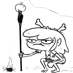 Size: 3300x3300 | Tagged: safe, artist:tjpones, imported from derpibooru, apple bloom, human, apple, black and white, campfire, caveman, female, food, freckles, grayscale, high res, humanized, monochrome, solo, spear, weapon