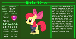 Size: 11720x6000 | Tagged: safe, artist:ponygamer2020, imported from derpibooru, apple bloom, earth pony, pony, fallout equestria, adorabloom, apple bloom's bow, bio, bow, clothes, cute, cutie mark, fallout, fallout equestria: character guide, female, filly, hair bow, jumpsuit, pipboy, reference sheet, s.p.e.c.i.a.l., solo, the cmc's cutie marks, vault suit, vector