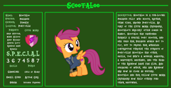 Size: 11720x6000 | Tagged: safe, artist:ponygamer2020, imported from derpibooru, scootaloo, pegasus, pony, fallout equestria, bio, clothes, cute, cutealoo, cutie mark, fallout, fallout equestria: character guide, female, filly, jumpsuit, pipboy, reference sheet, s.p.e.c.i.a.l., solo, the cmc's cutie marks, vault suit, vector