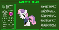 Size: 11720x6000 | Tagged: safe, artist:ponygamer2020, imported from derpibooru, sweetie belle, pony, unicorn, fallout equestria, bio, clothes, cute, cutie mark, diasweetes, fallout, fallout equestria: character guide, female, filly, jumpsuit, looking back, pipboy, reference sheet, s.p.e.c.i.a.l., smiling, solo, the cmc's cutie marks, vault suit, vector