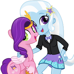 Size: 1920x1928 | Tagged: safe, artist:grapefruit-face, imported from derpibooru, pipp petals, trixie, pegasus, pony, equestria girls, adorapipp, bowtie, clothes, crown, cute, diatrixes, duo, g5, hand on hip, happy, jewelry, looking at you, my little pony: a new generation, regalia, show accurate, simple background, standing, transparent background, tuxedo