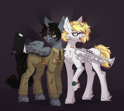 Size: 1634x1466 | Tagged: safe, alternate version, artist:таланта нет, imported from derpibooru, oc, oc:ludwig von leeb, oc:sema, pegasus, pony, unicorn, blonde hair, clock, dark background, ear fluff, glasses, green eyes, looking at you, male, musical instrument, stallion, trumpet, wings