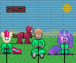 Size: 768x640 | Tagged: safe, artist:derek the metagamer, imported from derpibooru, izzy moonbow, zipp storm, human, pegasus, unicorn, aseprite, controller, g5, my little pony: a new generation, netflix, pink guard (squid game), pixel art, squid game, video game