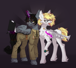 Size: 1634x1466 | Tagged: safe, alternate version, artist:таланта нет, imported from derpibooru, oc, oc:ludwig von leeb, oc:sema, pegasus, pony, unicorn, black hair, blonde hair, clock, dark background, ear fluff, glasses, green eyes, looking at you, magic, male, musical instrument, stallion, trumpet, wings