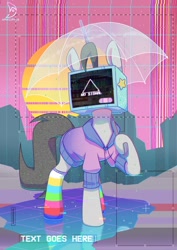 Size: 848x1200 | Tagged: safe, artist:wavecipher, imported from derpibooru, oc, oc:mono, earth pony, pony, aesthetics, clothes, databending, error, glitch, no signal, object head, rainbow socks, socks, standing, striped socks, television, umbrella, vaporwave, webcore