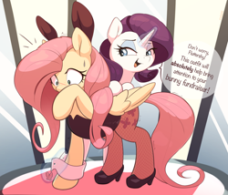 Size: 2500x2137 | Tagged: safe, artist:nookprint, imported from derpibooru, fluttershy, rarity, pegasus, pony, unicorn, adorable distress, blushing, bunny ears, bunny suit, clothes, cuffs (clothes), cute, dialogue, duo, duo female, emanata, embarrassed, female, fishnet pantyhose, fishnets, high heels, high res, leotard, lidded eyes, mare, open mouth, open smile, raised hoof, shivering, shoes, shyabetes, smiling, sweat, sweatdrop