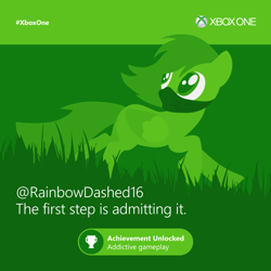 Size: 960x960 | Tagged: safe, imported from derpibooru, rainbow dash, pony, achievement unlocked, female, green, greenscale, meta, monochrome, pony cameo, pony reference, solo, twitter, watch dogs, xbox, xbox one