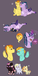 Size: 2048x4096 | Tagged: safe, artist:rainydayjitters, imported from derpibooru, lightning dust, spitfire, twilight sparkle, oc, oc:astral comet, oc:comet, oc:pale omen, alicorn, fish, pegasus, pony, unicorn, baby, baby pony, bat wings, fangs, female, food, lesbian, lying down, magic, magical lesbian spawn, meat, offspring, parent:spitfire, parent:twilight sparkle, ponies eating meat, pregnant, prone, sandwich, shipping, twifire, twilight sparkle (alicorn), wings