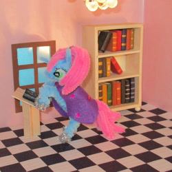 Size: 1345x1345 | Tagged: safe, artist:malte279, imported from derpibooru, oc, oc only, oc:stardust, pony, unicorn, book, bookshelf, chenille, chenille stems, chenille wire, craft, irl, photo, pipe cleaner sculpture, pipe cleaners, sculpture, solo