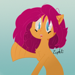 Size: 2048x2048 | Tagged: safe, artist:zephlo, imported from derpibooru, oc, oc only, earth pony, pony, chest fluff, excited, eyeliner, fangs, female, gradient, high res, looking at you, makeup, mare, noise, smiling, solo, teeth, waving, waving at you