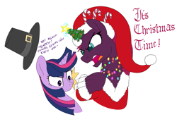 Size: 1563x1036 | Tagged: artist needed, safe, tempest shadow, twilight sparkle, alicorn, pony, unicorn, candy, candy cane, christmas, christmas lights, christmas tree, clothes, costume, food, hat, holiday, horn, pilgrim hat, santa costume, simple background, slap, sparking horn, text, thanksgiving, tree, white background