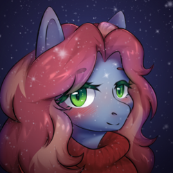 Size: 500x500 | Tagged: safe, artist:blueomlette, imported from derpibooru, oc, oc only, anthro, earth pony, bedroom eyes, blushing, bust, clothes, digital art, female, looking at you, portrait, smiling, smiling at you, snow, solo, sweater