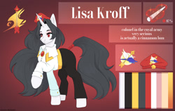 Size: 1280x809 | Tagged: safe, artist:blueomlette, imported from derpibooru, oc, oc only, oc:lisa kroff, pony, unicorn, bedroom eyes, clothes, digital art, female, horn, mare, reference sheet, solo, tail, text