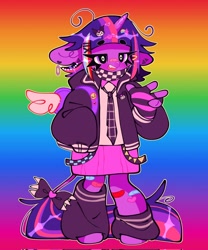 Size: 1704x2048 | Tagged: safe, artist:bunbunbewwii, edit, anthro, unguligrade anthro, bandaid, clothes, ear piercing, earring, fingerless gloves, gloves, jacket, jewelry, leg warmers, leonine tail, lidded eyes, necktie, open smile, peace sign, piercing, skirt, solo