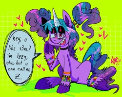 Size: 1890x1512 | Tagged: safe, artist:icky_slicky, izzy moonbow, pony, unicorn, dialogue, female, mare, open mouth, sitting, solo, speech bubble