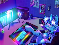 Size: 2048x1583 | Tagged: safe, artist:icky_slicky, semi-anthro, unicorn, clothes, computer, computer monitor, female, frown, hoodie, lidded eyes, looking at you, mare, monitor, rgb, solo, unamused