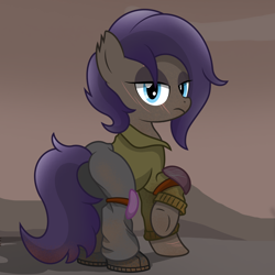 Size: 2500x2500 | Tagged: safe, artist:pizzamovies, imported from derpibooru, oc, oc only, oc:rattle cans, earth pony, pony, fallout equestria, armor, clothes, female, lidded eyes, looking at you, mare, scar, solo, torn ear