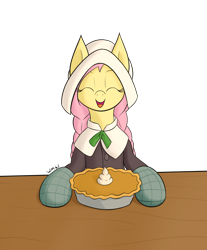 Size: 1920x2320 | Tagged: safe, artist:wapamario63, imported from ponybooru, fluttershy, pegasus, pony, clothes, cute, eyes closed, female, food, happy, holiday, mare, pie, pilgrim outfit, pumpkin pie, shyabetes, simple background, solo, table, thanksgiving, transparent background