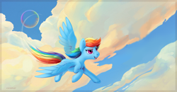 Size: 1920x997 | Tagged: safe, artist:viwrastupr, edit, editor:unofficial edits thread, imported from ponybooru, rainbow dash, pegasus, pony, cloud, female, flying, mare, open mouth, open smile, smiling, solo, sonic rainboom