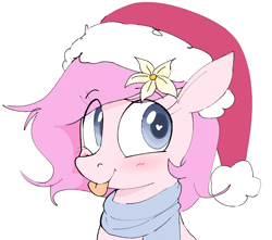 Size: 984x871 | Tagged: safe, artist:hattsy, imported from ponybooru, oc, oc:kayla, earth pony, pony, :p, blushing, bust, christmas, clothes, female, flower, flower in hair, hat, heart eyes, holiday, looking up, mare, santa hat, scarf, smiling, solo, tongue out, wingding eyes