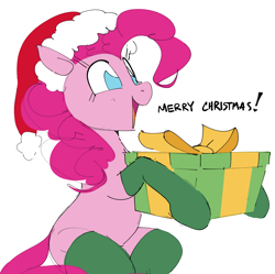 Size: 1846x1837 | Tagged: safe, artist:hattsy, imported from ponybooru, earth pony, pony, christmas, clothes, dialogue, evening gloves, female, gloves, hat, holiday, hoof hold, long gloves, mare, merry christmas, open mouth, open smile, present, santa hat, sitting, smiling, socks, solo, thigh highs