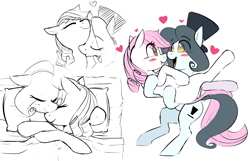 Size: 1676x1080 | Tagged: safe, artist:hattsy, imported from ponybooru, oc, oc:hattsy, oc:lyrabop, earth pony, pony, bed, blanket, blushing, eye contact, eyes closed, female, hat, heart, holding a pony, hug, kissing, looking at each other, mare, open mouth, open smile, pillow, side, smiling, top hat