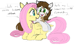 Size: 1331x804 | Tagged: safe, artist:hattsy, imported from ponybooru, fluttershy, oc, oc:dotmare, earth pony, pegasus, pony, canon x oc, dialogue, eye contact, female, looking at each other, looking back, mare, open mouth, open smile, prone, smiling