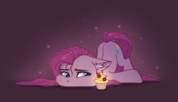 Size: 4134x2364 | Tagged: safe, artist:dorkmark, imported from derpibooru, pinkie pie, earth pony, pony, :t, cheek fluff, chibi, cupcake, ear fluff, face down ass up, floppy ears, food, leg fluff, looking at something, pinkamena diane pie, sad, solo