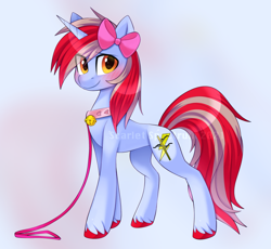 Size: 1004x922 | Tagged: safe, artist:scarlet-spectrum, artist:scarlett-sketches, imported from derpibooru, oc, oc only, oc:cinnamon lightning, pony, unicorn, bell, bell collar, blushing, bow, collar, concave belly, hair bow, leash, obtrusive watermark, slim, solo, thin, unshorn fetlocks, watermark