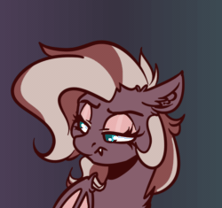 Size: 1150x1080 | Tagged: safe, artist:witchtaunter, imported from derpibooru, oc, oc only, oc:efflorescence, bat pony, pony, animated, bat pony oc, chest fluff, commission, ear fluff, fangs, female, gif, gradient background, looking at you, one eye closed, smiling, smiling at you, solo, wink, winking at you