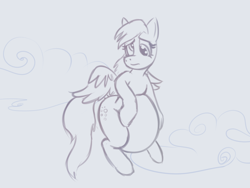 Size: 800x600 | Tagged: safe, artist:lowkey, imported from derpibooru, derpy hooves, pegasus, pony, aderpose, belly, big belly, cloud, fat, female, flying, mare, sketch, sky, solo