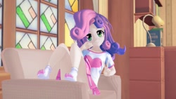 Size: 1366x768 | Tagged: safe, artist:legions20, imported from derpibooru, sweetie belle, equestria girls, 3d, bottomless, chair, clothes, cute, feet, female, koikatsu, looking at you, partial nudity, peace sign, room, sitting, skirt, smiling, socks, solo, stocking feet, upskirt denied
