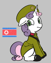 Size: 826x1014 | Tagged: safe, artist:mcsadat, color edit, edit, editor:foxy1219, imported from derpibooru, sweetie belle, pony, unicorn, clothes, colored, female, filly, gray background, military uniform, north korea, north korean flag, shoes, simple background, solo, uniform